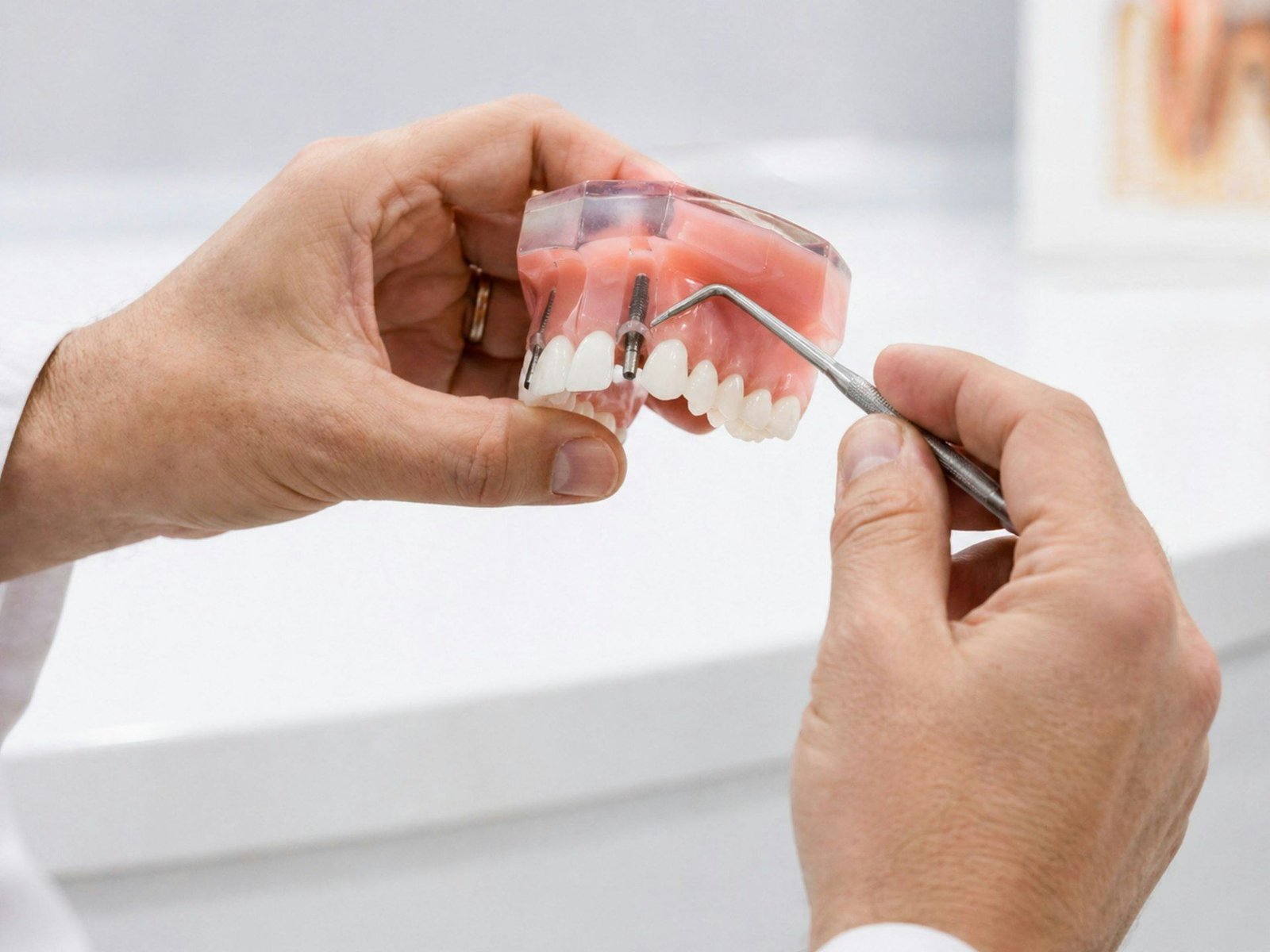 Odontólogo señalando un implante en un modelo dental